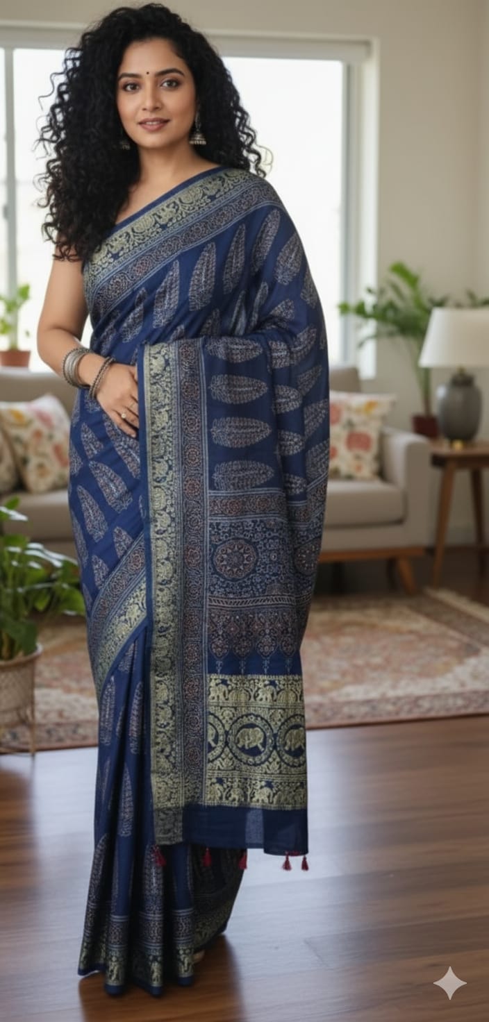 Ajrakh saree in dola silk (Blue)